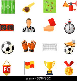 Fußball- und Fußballflachbild-Set mit Schiedsrichter, Ball, Stadion und Trophäe. Isolierte Vektordarstellung Stock Vektor