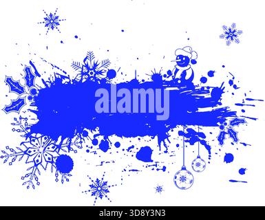 Frohe Weihnachten und Neujahr Grunge Frame mit Schneeflocken, Kugeln und Schneemann. Vektorabbildung auf transparentem Hintergrund Stock Vektor