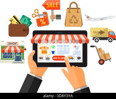 Konzepte für Online-Internet-Technologie und -Shopping. Mann hält Tablette in der Hand und kauft. Isolierte Vektordarstellung. Stock Vektor