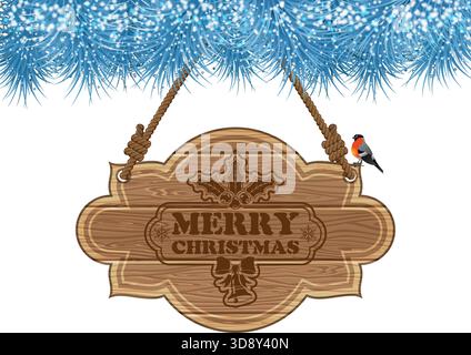 Weihnachtshintergrund mit hölzernem Schild, Baum, Tannenzweigen und Bullfink. Vektorvorlage für Cover, Flyer, Broschüre, Grußkarte. Stock Vektor