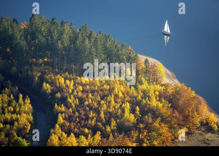 Goldener Oktober auf der Bigge, Segelboot mit Herbstwald in der Nähe des Attendorner Damms, Sauerland, Nordrhein-Westfalen, Deutschland, Attendorn, Europa, Luft Stockfoto