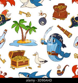 Lustige Tierpiraten nahtloses Muster mit Wal Korsair in Matrosenbandana und Schatzkiste, Vektor-Hintergrund. Karikaturmuster der Karibik mit Kapitänsmütze, Goldmünzen und Krabbentier für Kinder Stock Vektor
