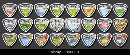 Vector Sport Logos Set, Gruppe von einfachen Tags mit fliegenden Bällen auf geschwungener Flugbahn, Sammlung von minimalen Design weißen Sportkonzepten mit Spiel-Equi Stock Vektor
