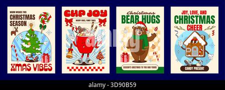 Vintage-Poster mit groovigen Hippie-Charakteren. Vektor festliche Retro-Grußkarten mit Zeichentrickbaum, heißem Kakaobecher, fröhlichem Bären und Lebkuchenhaus mit saisonalen Weihnachtsgeschenken Stock Vektor