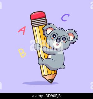 Niedlicher Koala Hängt An Bleistift Vektor Illustration Cartoon Design Kawaii Stock Vektor