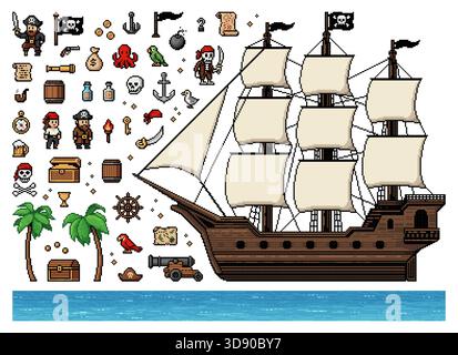 8-Bit-Arcade-Arcade-Spiel Piratenfiguren und -Gegenstände. Vektor-Schatzkarte, Segelschiff, Leuchtturm, Matrosenanker, Holzfass, Lenkrad, Kompass und Schatzkiste, Korsarfiguren Stock Vektor