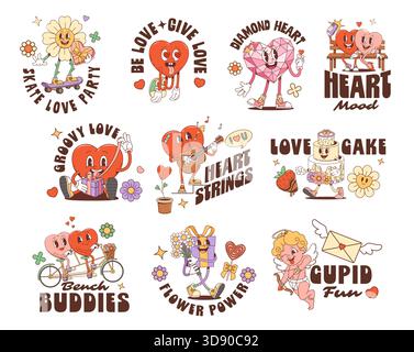 Valentine Love Charaktere, Hippie Y2K groovige Aufkleber mit Liebeszitaten, Vektor T Shirt Prints. Valentinstag Cartoon groovige Aufkleber mit Herzen auf Fahrrad fahren, Blume und Hochzeitstorte mit glücklichem Gesicht Stock Vektor