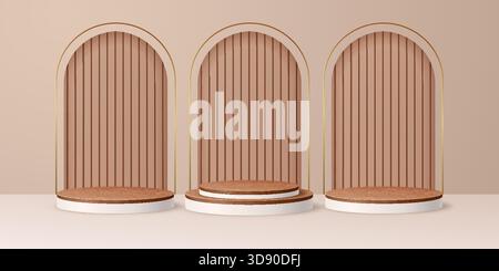 3D beige Podium Kosmetikbühne mit Holzteller. Vektor-Luxusschablone mit runden Plattformen und goldenen Bögen. Realistisches Pastellmockup mit klaren Formen für die Produktpräsentation Stock Vektor