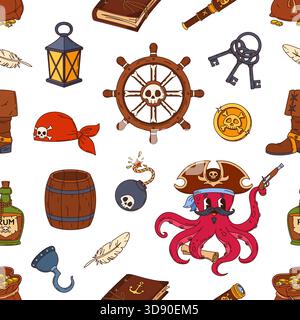Cartoon Piraten und Korsair Elemente nahtlose Muster mit Oktopus Kapitän, Vektor Hintergrund für Kinder. Piratenmuster mit Schiffsruder und Korsagehakenhand, Seemann-Spionageglas, Rum-Flasche und Schatzgold Stock Vektor