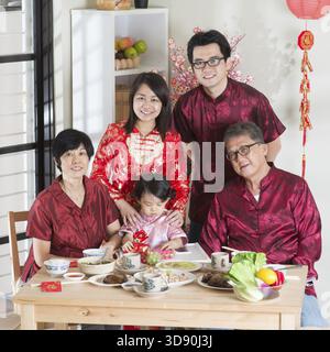 Frühlingssaison Chinesisches Neujahr, Abendessen mit Wiedersehen. Glückliche asiatisch-chinesische Familie mehrerer Generationen mit rotem Cheongsam, die Gruppenfotos beim Abendessen im Hom macht Stockfoto