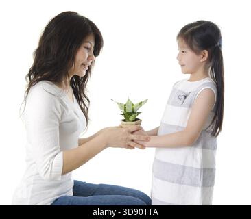 Asiatische Mutter und Tochter kümmert sich um die Pflanze Stockfoto