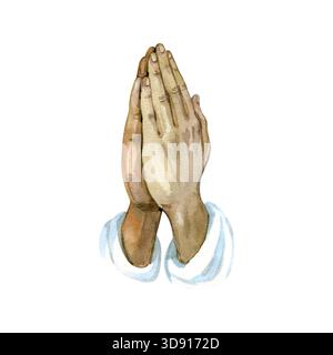 Aquarelle betende Hände symbolisieren Glauben, Hoffnung und Hingabe. Sanfte Farben schaffen eine friedliche spirituelle Stimmung. Perfekt für christliche Materialien Stockfoto