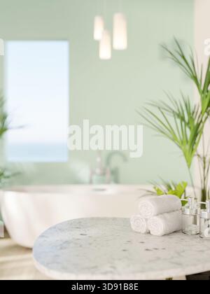Marmorhocker mit Handtüchern und weißer Keramikbadewanne in der Nähe einer grünen Mint-Wand mit rechteckigem Loch. Modernes Badezimmer, 3D-Rendering, 3D-Illustration. Stockfoto
