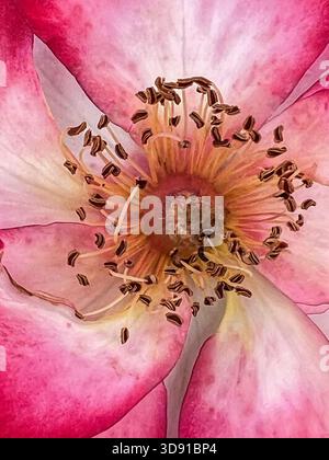 Hunderose (Rosa canina) blüht im Sommer, Nahaufnahme. Stockfoto