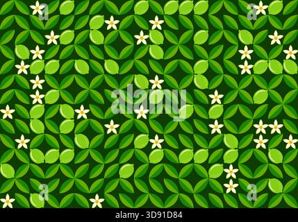 Zitrusflorale geometrische Muster, nahtloser Vektor-Hintergrund, stilisierte Limetten, weiße Blumen und frische grüne Blätter, Sommerdesign für Textilien, Packag Stock Vektor