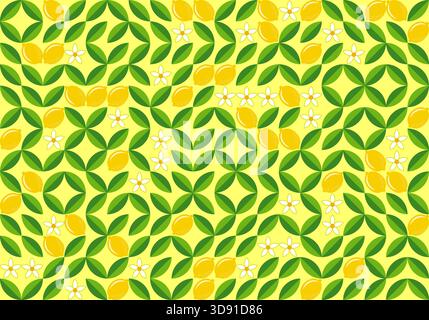 Zitrusflorale geometrische Muster, nahtloser Vektor-Hintergrund, stilisierte Zitronen, weiße Blumen und frische grüne Blätter, Sommerdesign für Textilien, packa Stock Vektor