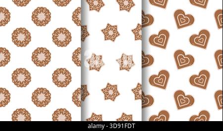 Drei vertikale Lebkuchenmuster runden sich mit Schneeflocken, Sternen mit Zuckerguss und Herzen mit doppeltem Herzmuster ab. Festliches, nahtloses Layout Stock Vektor