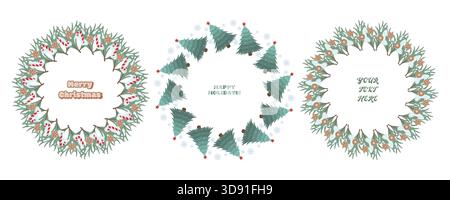 Drei Feiertagskränze auf grünem Hintergrund Süßigkeiten und Kekskranz mit frohen Weihnachten, Baum und Schneeflocken Kranz mit Happy Holidays Stock Vektor