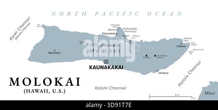 Molokai, Hawaii, graue politische Karte mit der größten Stadt Kaunakakai. Teil der hawaiianischen Inseln und fünftgrößte Insel des Bundesstaates Hawaii. Stockfoto