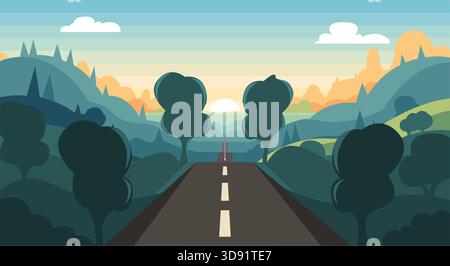 Eine malerische flache Design-Vektor-Illustration einer geraden Autobahn, die in eine geschichtete natürliche Landschaft mit sanften Hügeln und Bäumen führt. Stock Vektor