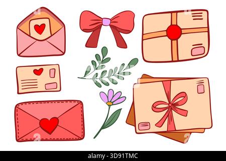 Niedliches Liebesbrief- und Umschlagkonzept, trendige Karte, romantische Zeichentrickkarte und Schriftdesign mit Herz und Stempeln. Flache Darstellung. Stock Vektor