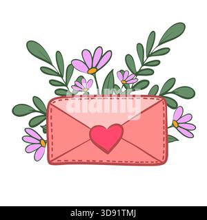 Süßer Brief mit Herz umgeben von Blumen. Abbildung: Flacher Umschlag. Stock Vektor