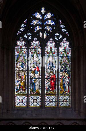 Das Beverley Minster in East Yorkshire ist eine der schönsten gotischen Kirchen Europas und ein Meisterwerk mittelalterlicher Architektur. Sie wurde um 1120 als Augustiner-Stiftskirche begonnen, die ein früheres angelsächsisches Kloster ersetzte, das von St. John of Beverley gegründet wurde, und wurde 1220–1420 weitgehend in strahlenden frühen englischen, dekorierten und rechtwinkligen Stilen umgebaut. Berühmt für seine zwei Westtürme, exquisiten Steinschnitzereien aus dem 14. Jahrhundert (einschließlich musikalischer Engel und Spielfiguren), das hoch aufragende Schiff und den einzigartigen Laufradkran aus dem 16. Jahrhundert, der noch immer in situ ist, ist es mit vielen Kathedralen in Größe und Schönheit konkurrieren. Ein Ort der Pilgerreise für uns Stockfoto