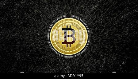 Goldene Bitcoin-Münze, die auf dunklem Burst-Feld leuchtet, mit Ringringen, feinem B, Halo, Sprenkeln Stockfoto