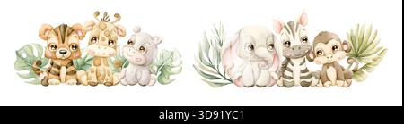 Niedliche tropische Tiere und exotische Pflanzen Set. Aquarell handgemalte Sommer Pastell neutrale Illustration auf weißem Hintergrund für Kinderzimmer Safari Design Stockfoto