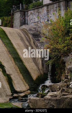 Blick auf den Damm, Felsen, Wasserfluss, Bäume Stockfoto