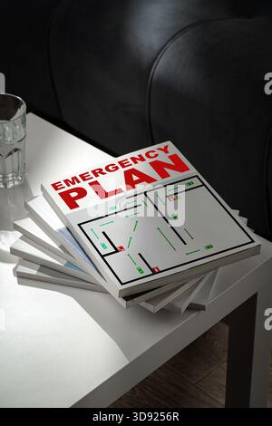 Notfallplan-Handbücher auf einem Tisch gestapelt und für den schnellen Zugriff im Notfall bereit Stockfoto