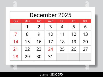 dezember 2025. Eine Vektorsammlung englischer monatlicher Seitenkalender. Design mit Sonntagsstart Stock Vektor
