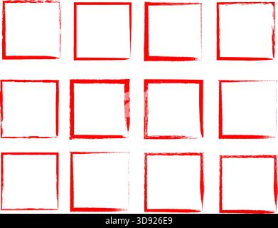 Roter Grunge Quadratischer Pinselrahmen Set Hand Gezeichnet Farbe Rand Kontur Vektor Stock Vektor