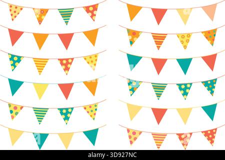 Dreieckige Flaggen in leuchtenden Farben für Einladungen, Grußkarten und Scrapbooking Stock Vektor