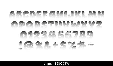 Körnige Schablonenschrift mit strukturierten Buchstaben, Zahlen und Symbolen. Retro-Rastereffekt, Typografie-Set für Plakate, Grafikdesign Stock Vektor