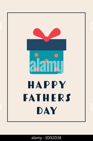 Flache Illustration einer blaugrünen Geschenkbox mit roten Punkten und Schleife über dem Text „Happy Vathers Day“. Stock Vektor