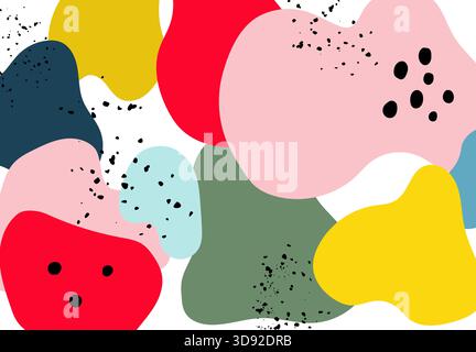 Abstrakter Hintergrund mit bunten organischen flüssigen Formen und schwarzen Tintenspritzern auf weiß. Stock Vektor