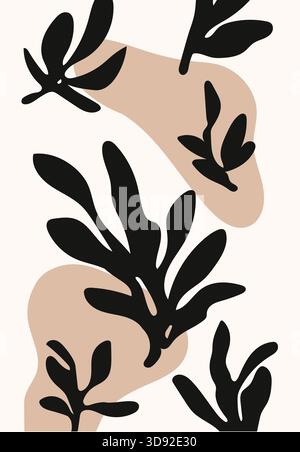 Abstrakte Komposition schwarzer botanischer Formen, die über beige organische Blobs auf weiß geschichtet sind. Stock Vektor