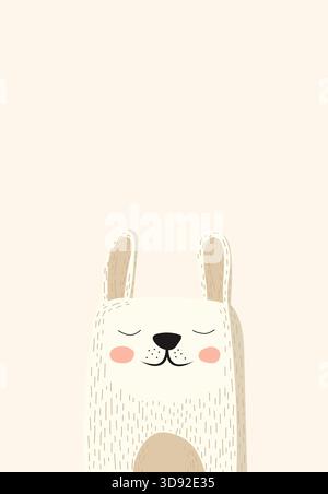 Niedliche weiße Kaninchen-Illustration mit beigen Ohren, geschlossenen Augen und einem glücklichen Lächeln auf Creme. Stock Vektor