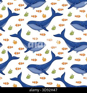 Buckelwal und Clownfisch nahtloses Muster im Cartoon-Stil. Unterwasser-Tierhintergrund für Sommermotiv. Stock Vektor