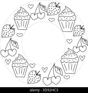 Cupcake mit Kirschen, Erdbeeren und Herzen. Rahmenkreis Valentinstag. Vektorgrafik-Linie in Schwarzweiß-Illustration. Design für Paket, Co Stock Vektor