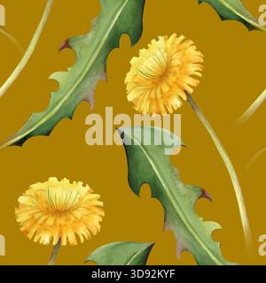 Nahtloses Muster mit gelben Wildblumen, in natürlichen Farben gemalt. Aquarellillustration mit Löwenzahnblüten und grünen Blättern auf einem Senf Stockfoto