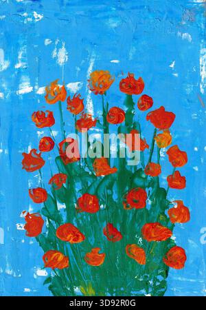 Acrylgemälde blühender Blumen auf blauem Hintergrund, im abstrakten Stil gemalt. Stockfoto