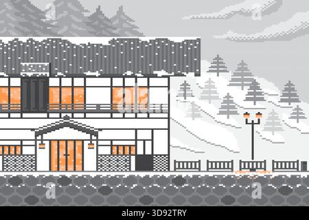 Winterliche Stadtlandschaft mit japanischer Architektur auf Waldhintergrund in Pixel Game Classic. Stock Vektor