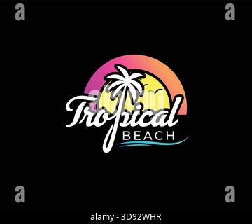 Tropical Beach Paradise Sun, Palm Ocean Vibes Summer Holiday Logo Stock Vektor