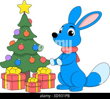 Ein süßes blaues Zeichentricktier, das neben einem verzierten Weihnachtsbaum mit bunten Ornamenten und Geschenkboxen sitzt Stock Vektor