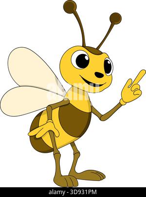 Eine niedliche und freundliche Cartoon-Biene mit großen Augen, ausdrucksstarker Pose und nach oben zeigender, ausgestreckter Hand Stock Vektor