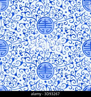 Einfarbiges blaues und weißes Porzellan-Aquarellmuster mit nahtlosem Chinoiserie-Muster mit traditionellem chinesischem Langlebigkeitssymbol Stock Vektor