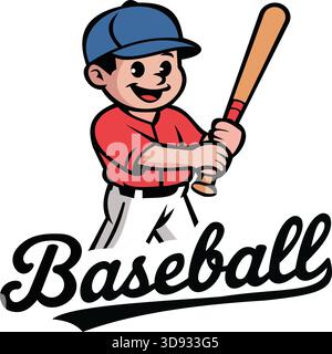 Diese bezaubernde Illustration zeigt ein fröhliches Cartoon-Baseball-Kind, das bereit ist, zu schaukeln. Die Figur ist in einem leuchtend roten Jersey und einer blauen Kappe gekleidet und verkörpert den Stock Vektor
