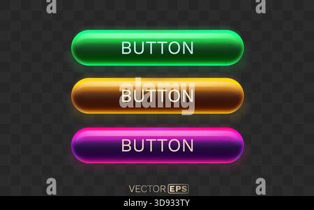 Leuchtende, glänzende Webknöpfe mit modernem Neoneffekt. Perfekt für das Design von Benutzeroberflächen und interaktive Elemente. Vektorabbildung Stock Vektor